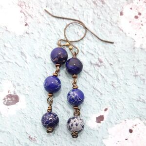 Boho Earrings 407# Marble Navy beads Antique.BronzeHooks Bohemian Blue Artisan